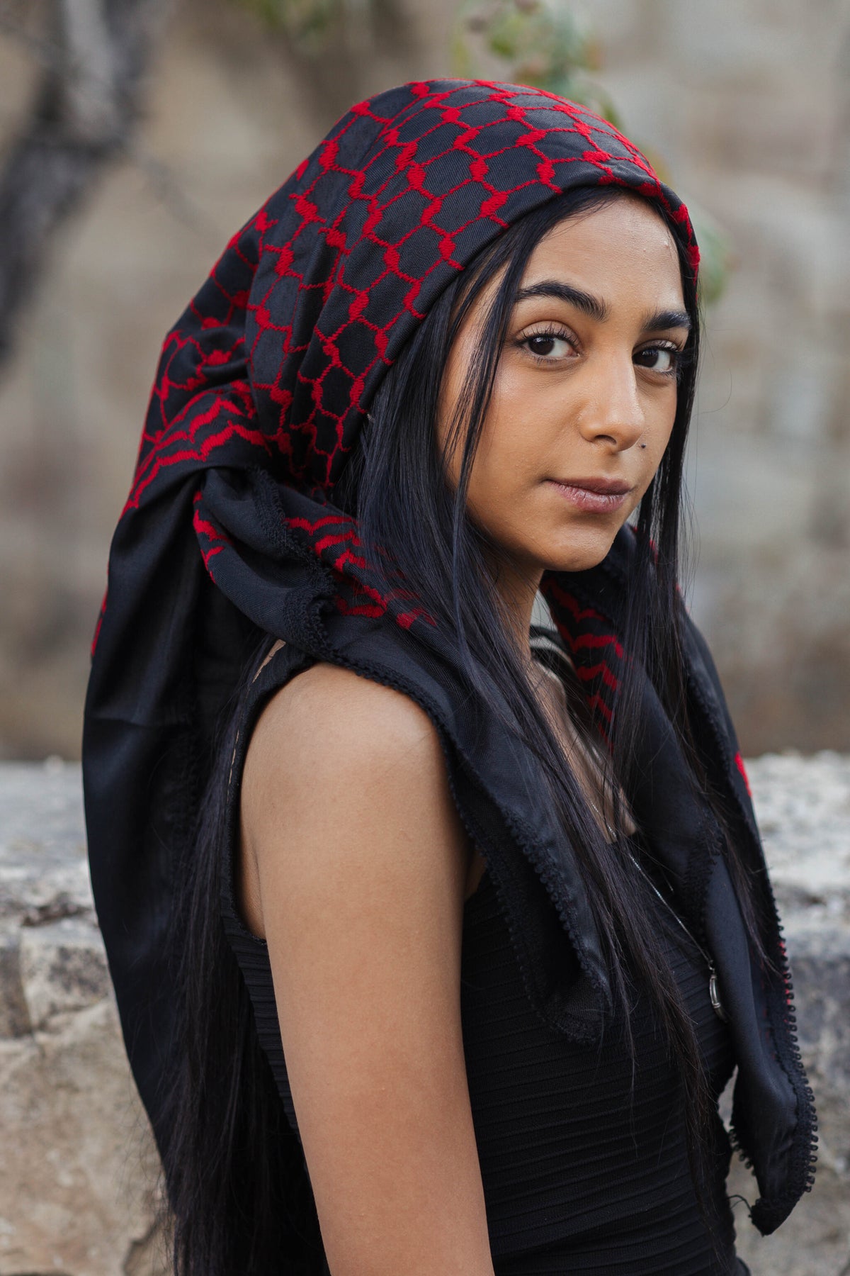 The Red on Black Palestinian Keffiyeh – Woven in Nablus