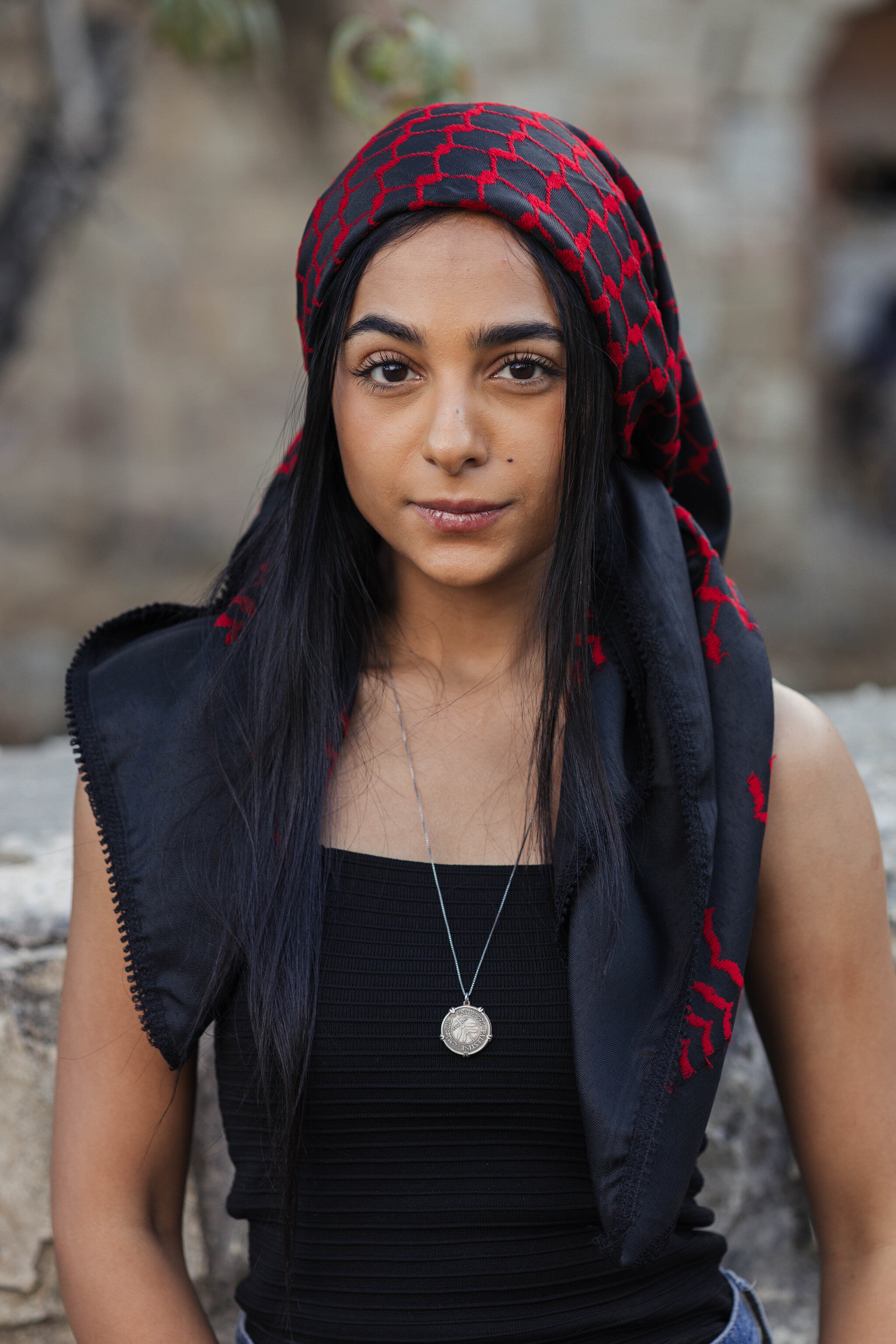 The Red on Black Palestinian Keffiyeh – Woven in Nablus
