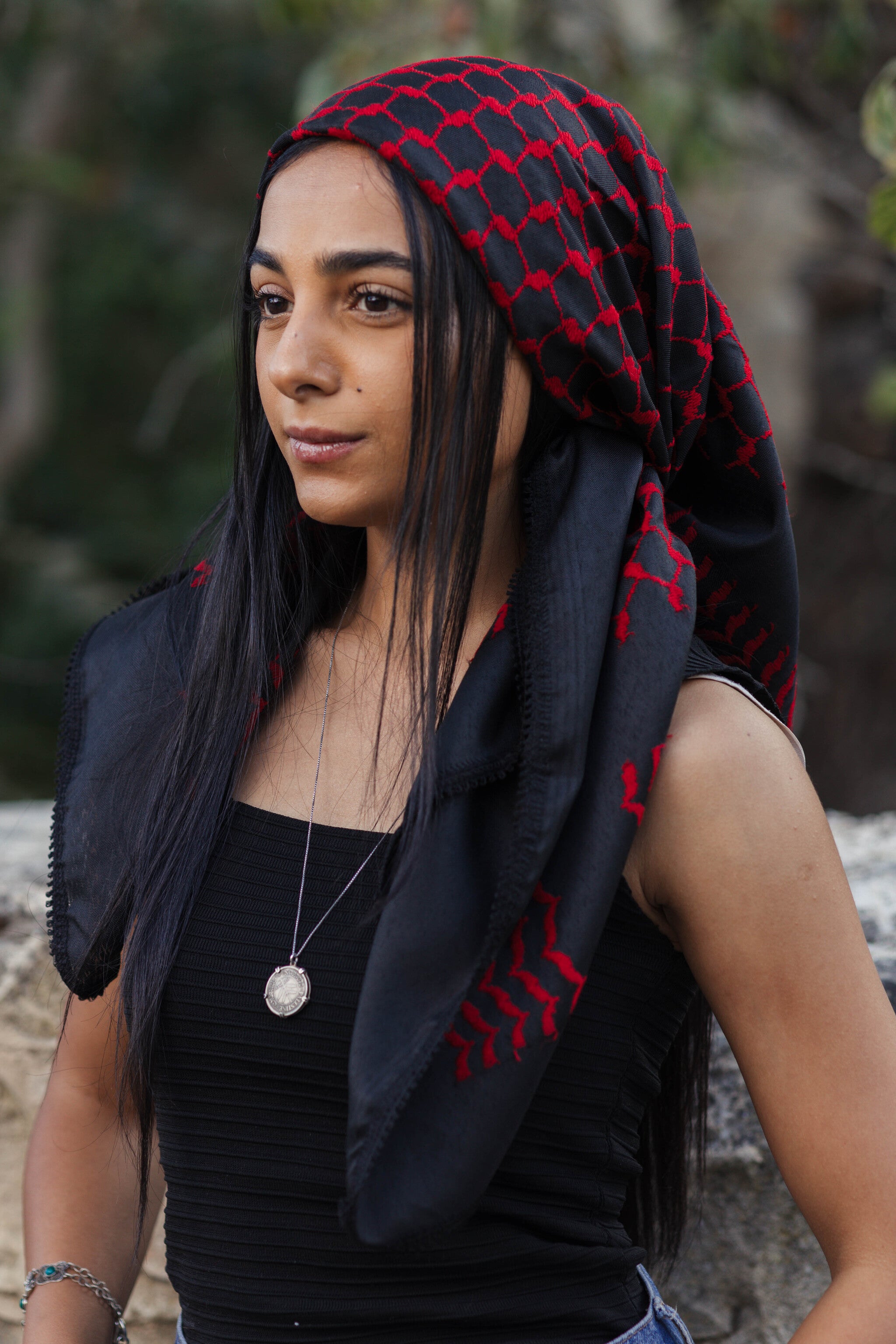 The Red on Black Palestinian Keffiyeh – Woven in Nablus