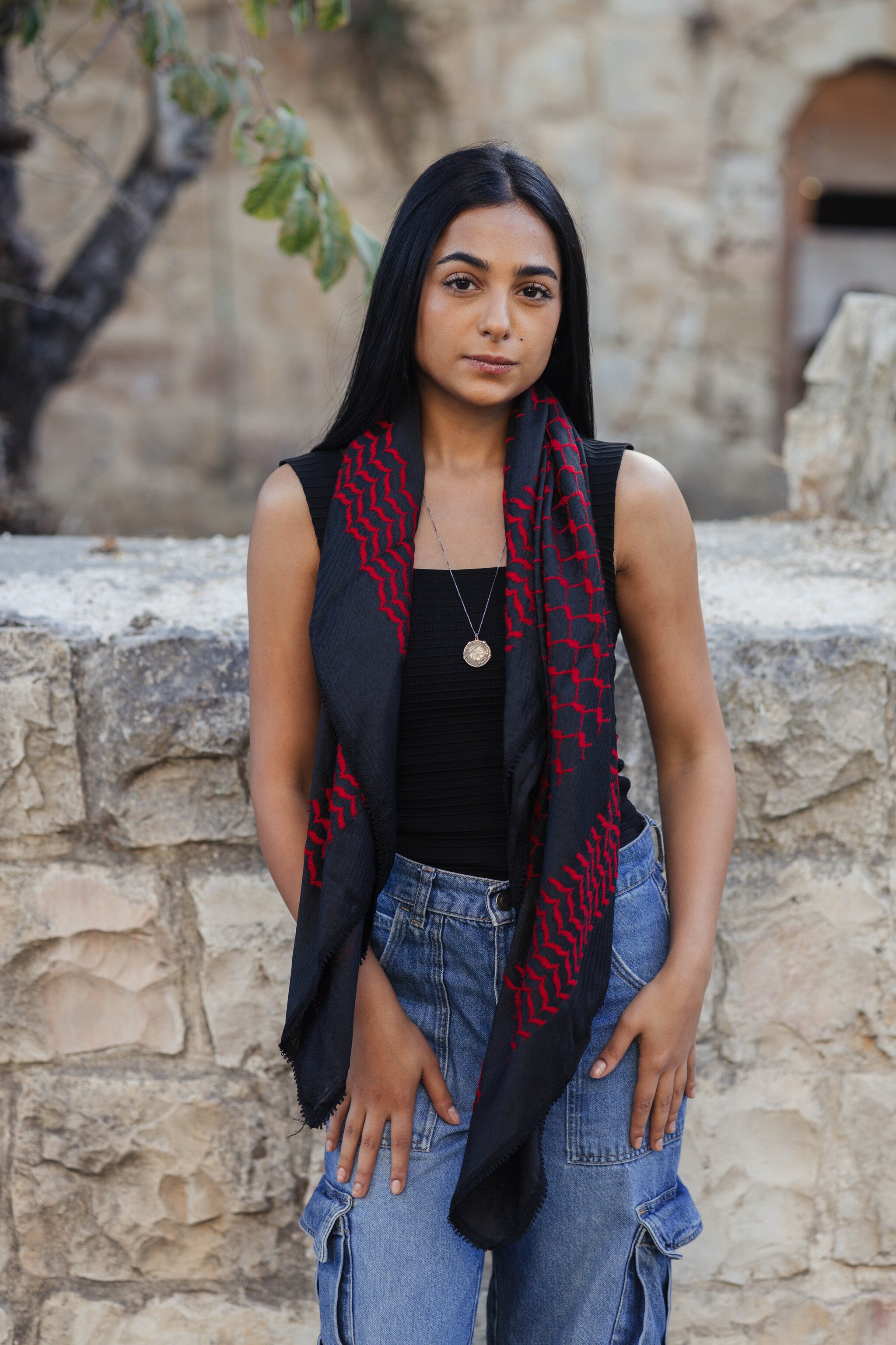 The Red on Black Palestinian Keffiyeh – Woven in Nablus