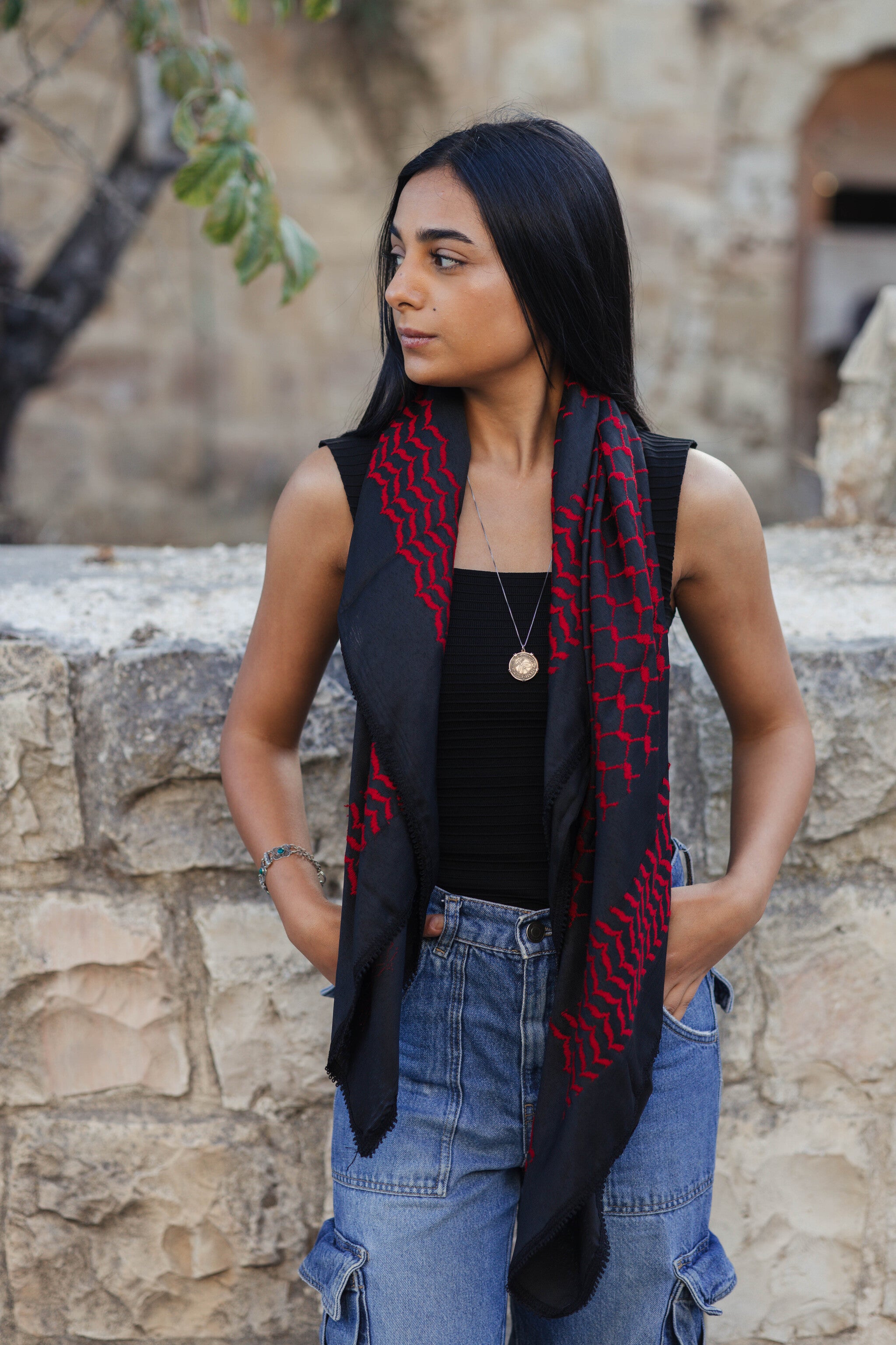 The Red on Black Palestinian Keffiyeh – Woven in Nablus