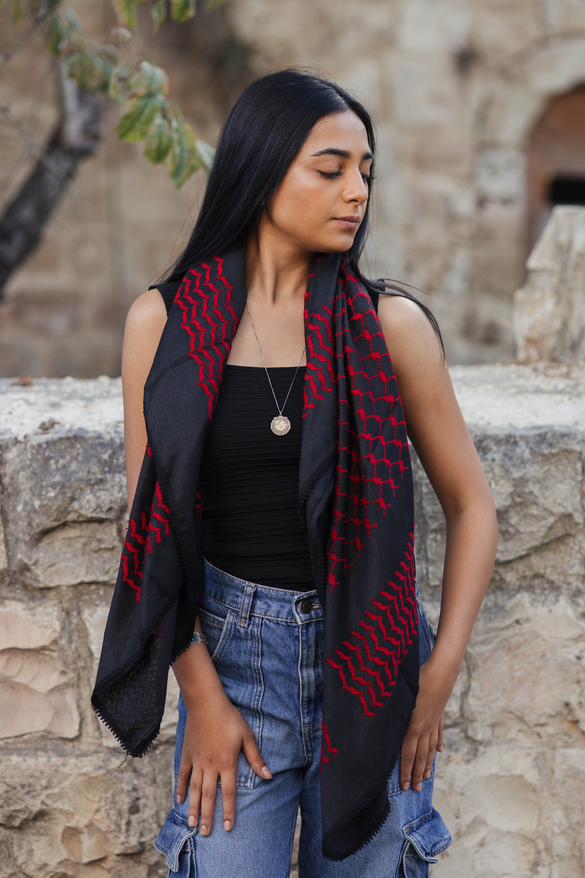 The Red on Black Palestinian Keffiyeh – Woven in Nablus