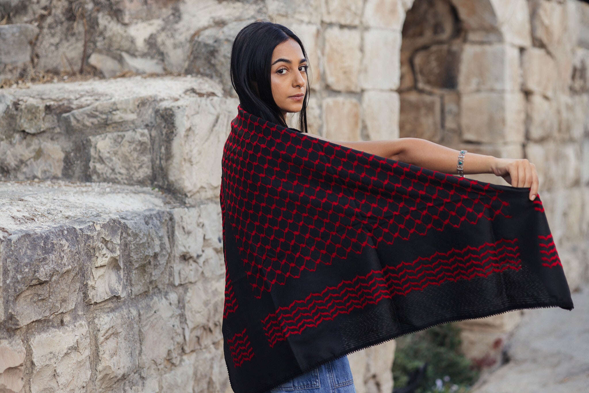 The Red on Black Palestinian Keffiyeh – Woven in Nablus