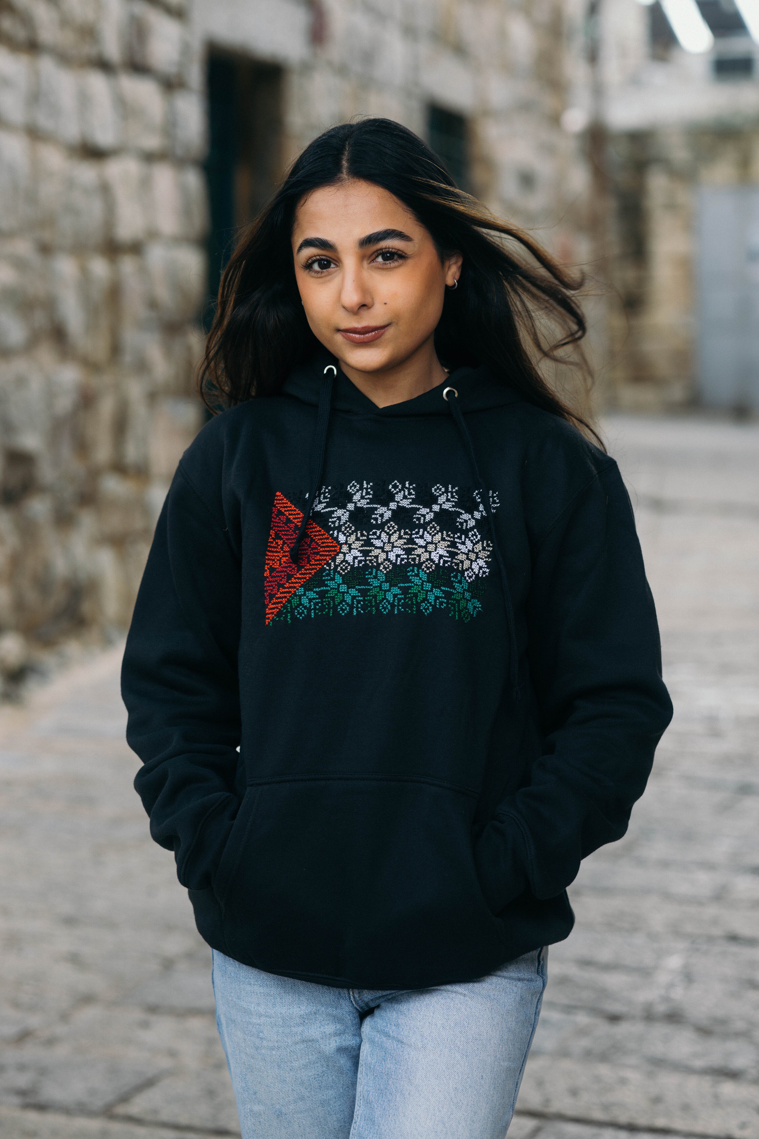Tatreez Palestinian Flag Hoodie – Al-Sumud Pattern (handmade)