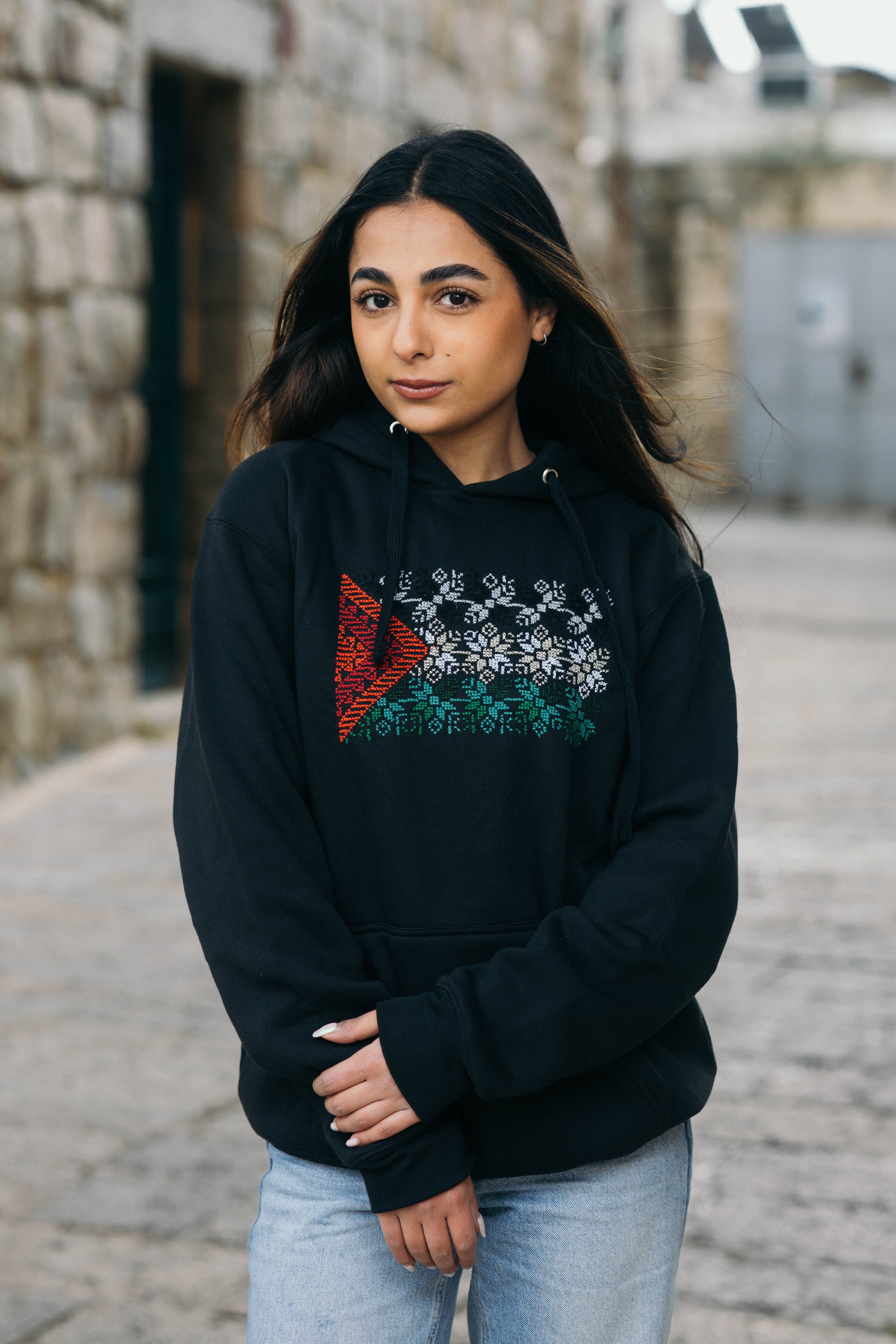 Tatreez Palestinian Flag Hoodie – Al-Sumud Pattern (handmade)