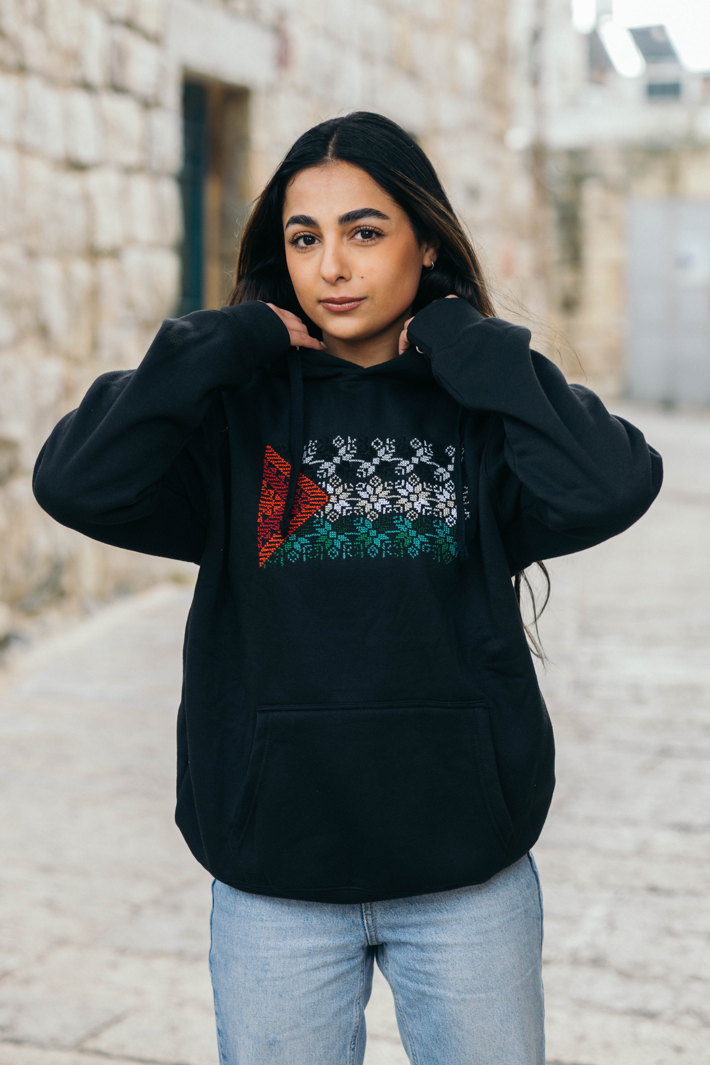 Tatreez Palestinian Flag Hoodie – Al-Sumud Pattern (handmade)