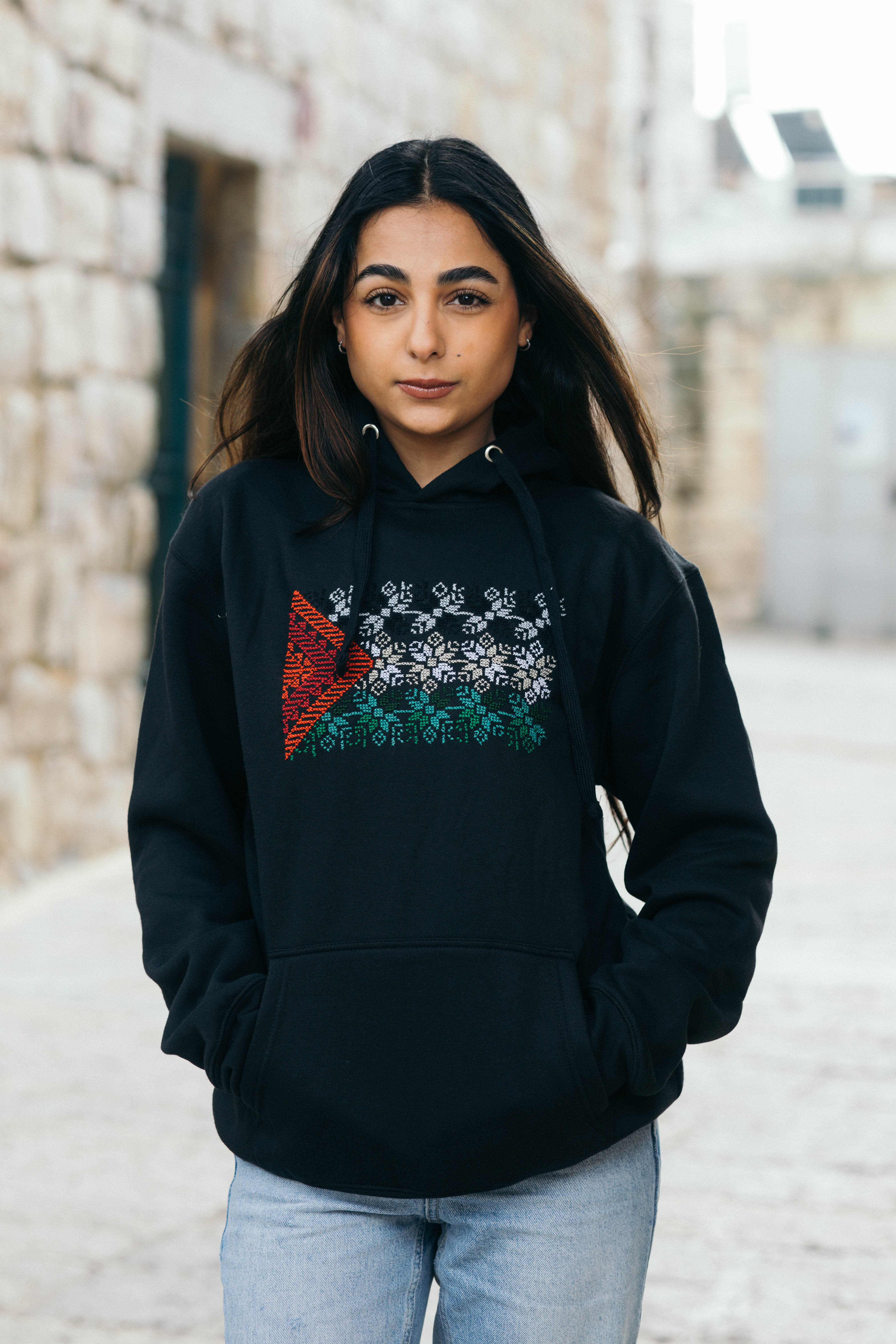 Tatreez Palestinian Flag Hoodie – Al-Sumud Pattern (handmade)