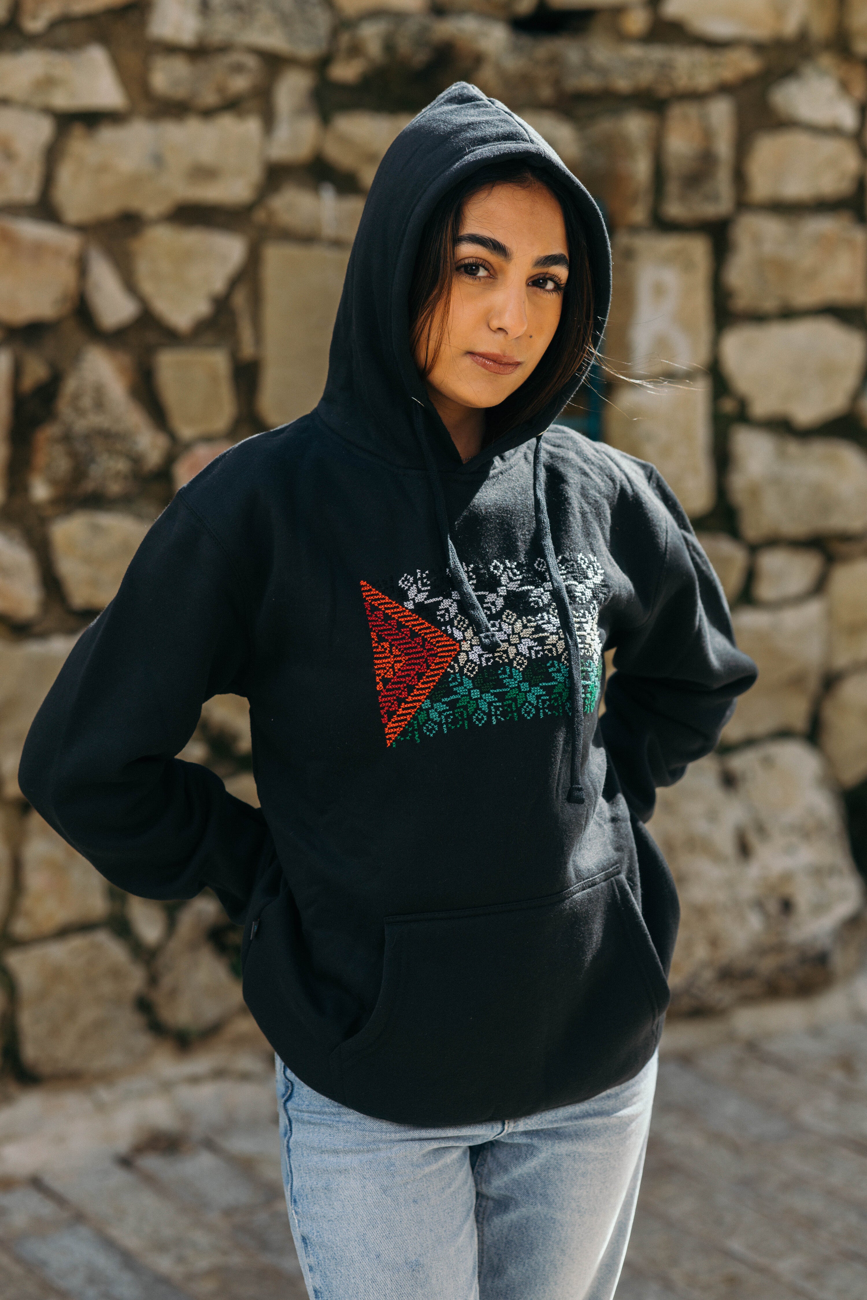 Tatreez Palestinian Flag Hoodie – Al-Sumud Pattern (handmade)