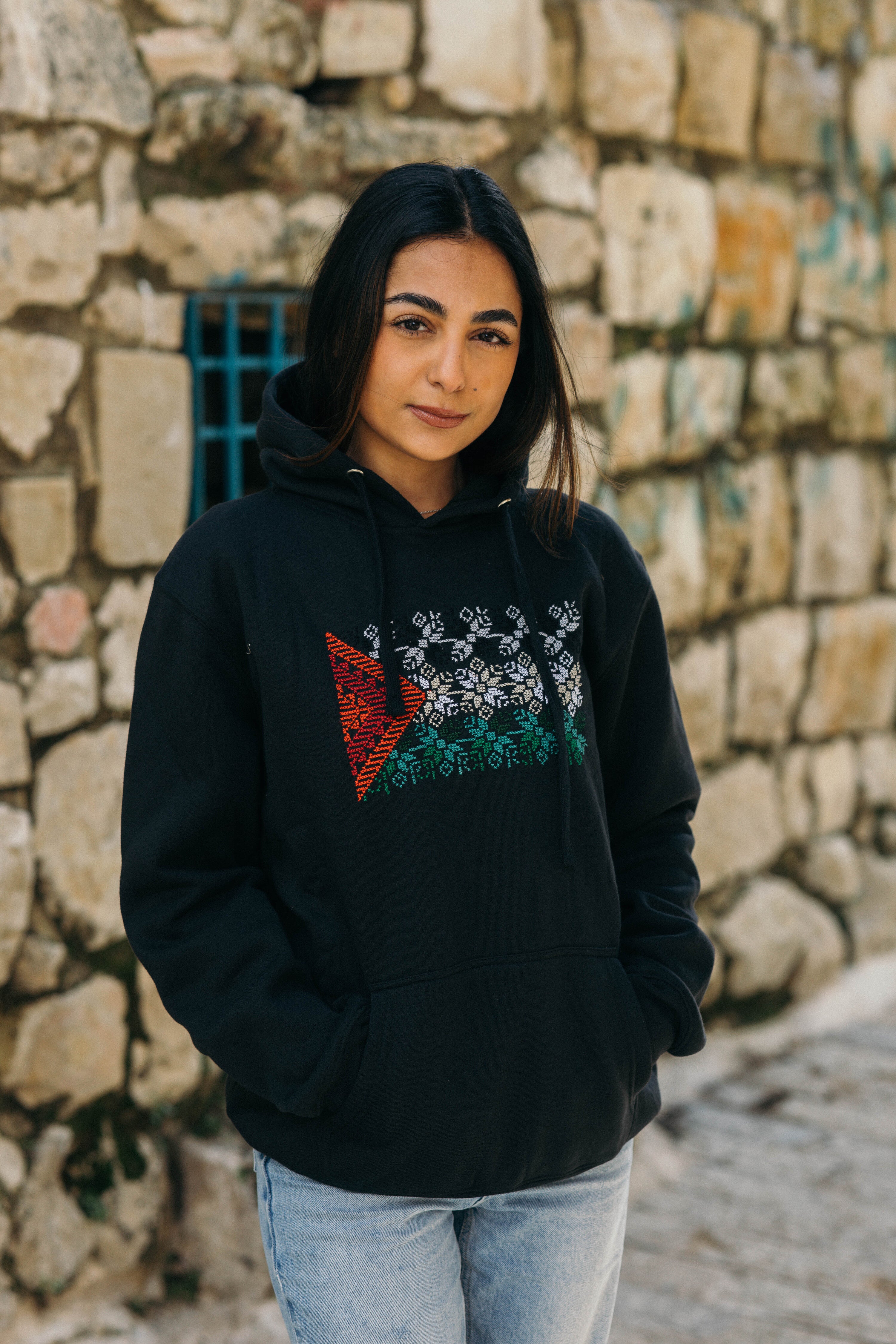 Tatreez Palestinian Flag Hoodie – Al-Sumud Pattern (handmade)