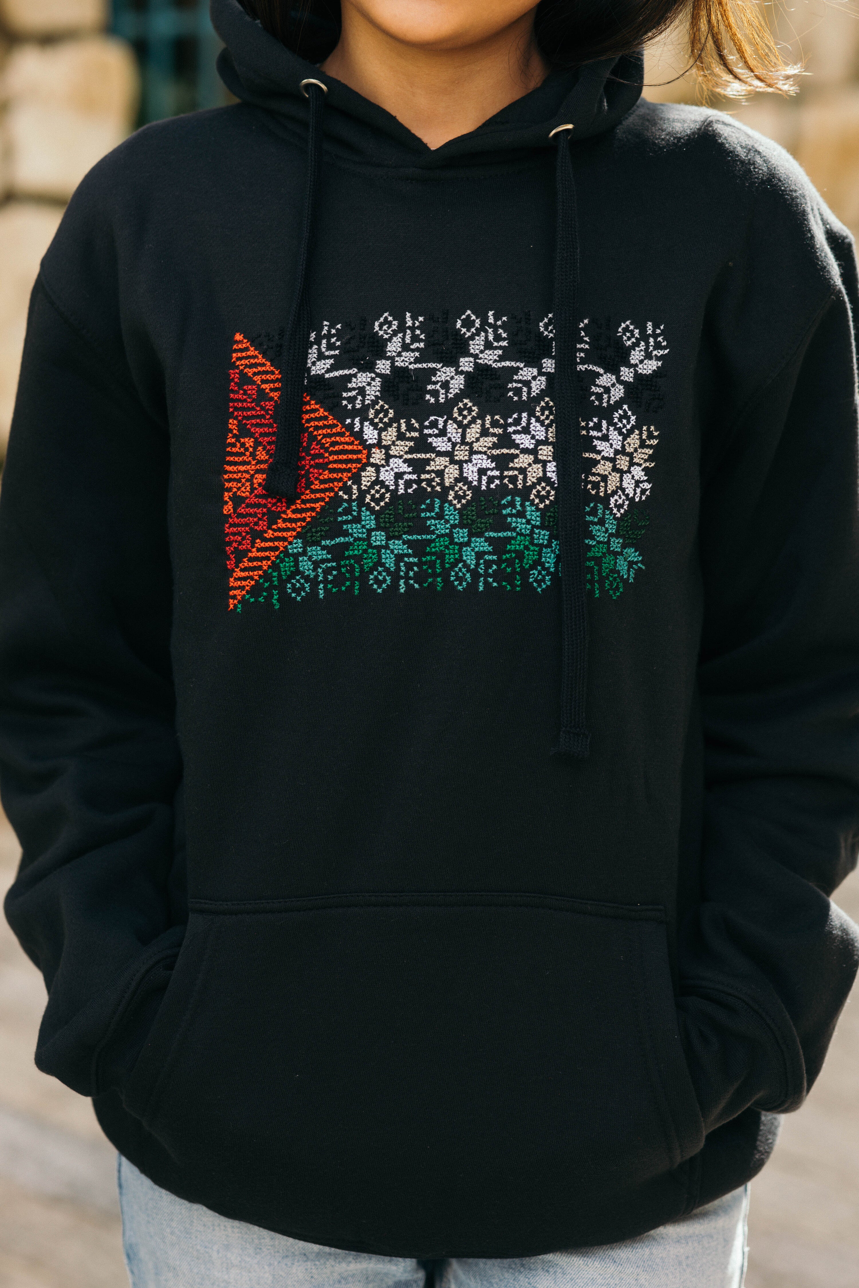 Tatreez Palestinian Flag Hoodie – Al-Sumud Pattern (handmade)
