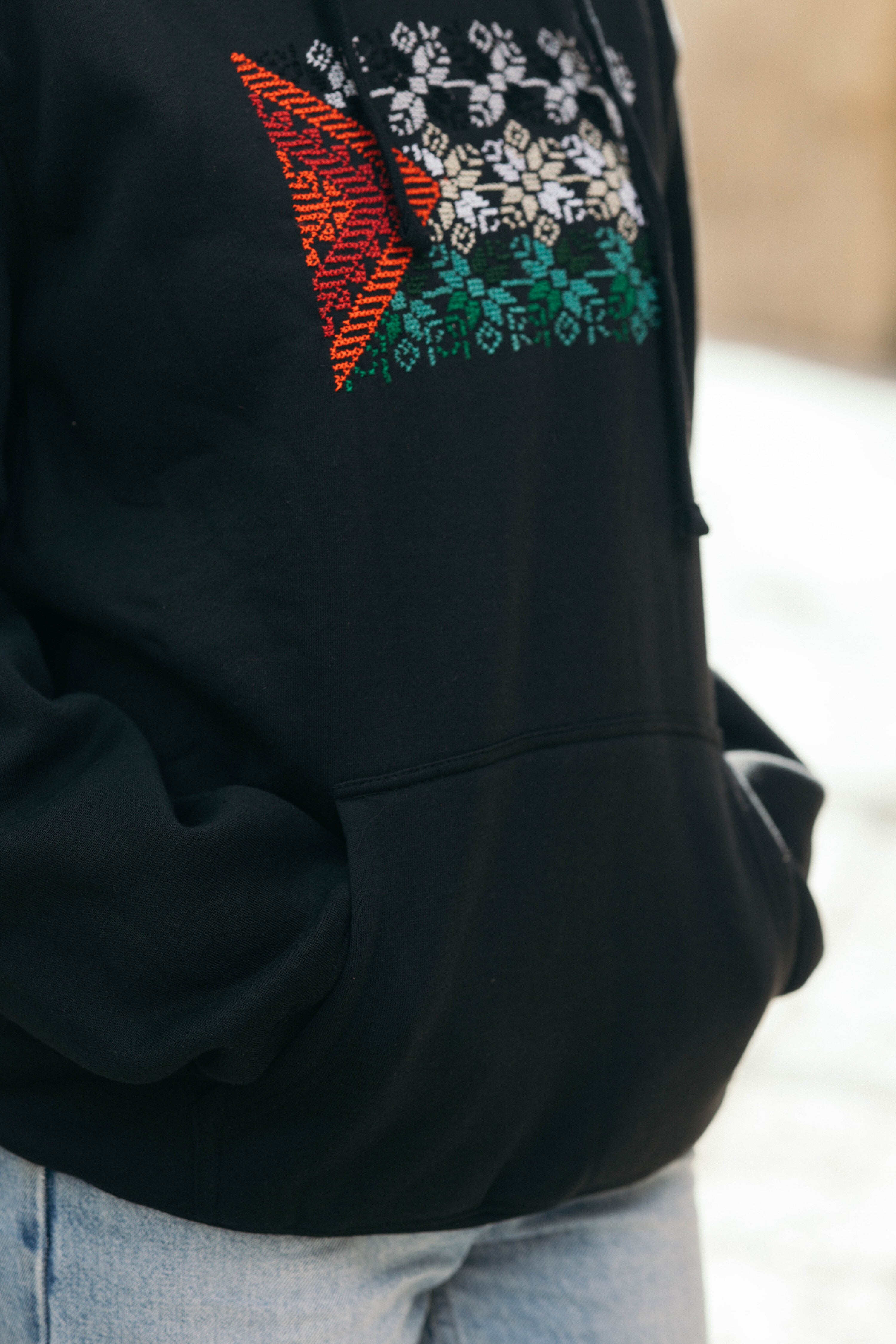 Tatreez Palestinian Flag Hoodie – Al-Sumud Pattern (handmade)