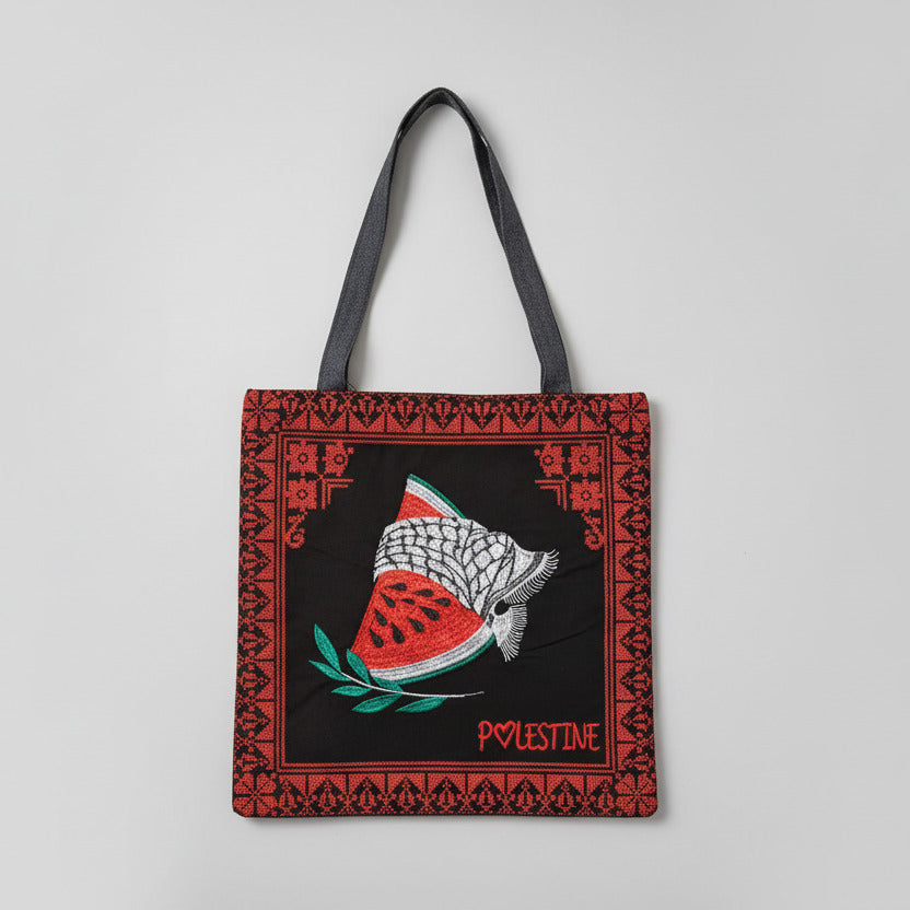 Palestine watermelon kufiya tote bag with traditional border design