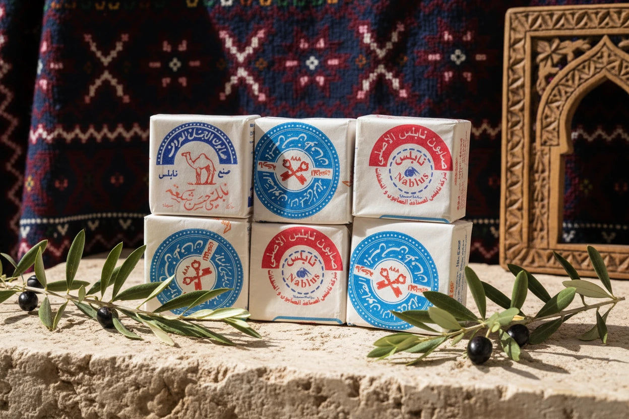 Stack of soap bars with brand logos against a blurred natural background